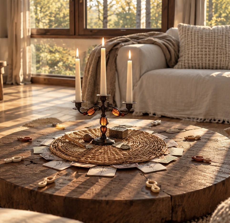 Männerkreis an einem runden Holztisch mit Kerzen und Karten