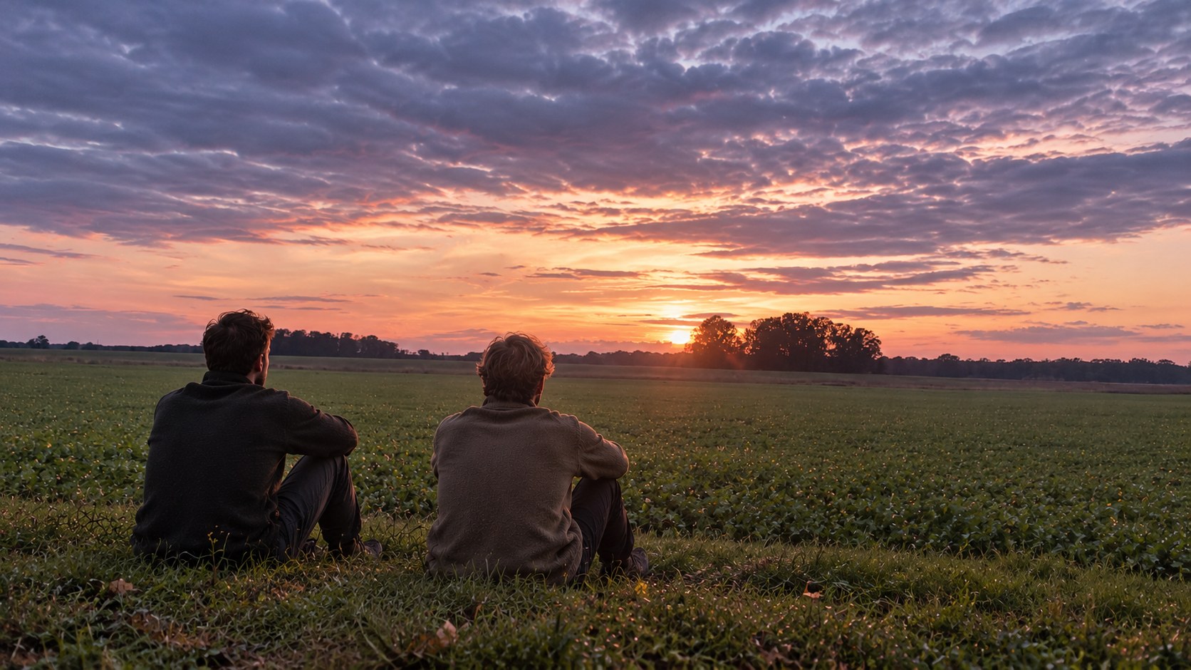 Zwei Männer im Gespräch bei Sonnenuntergang auf einer Wiese